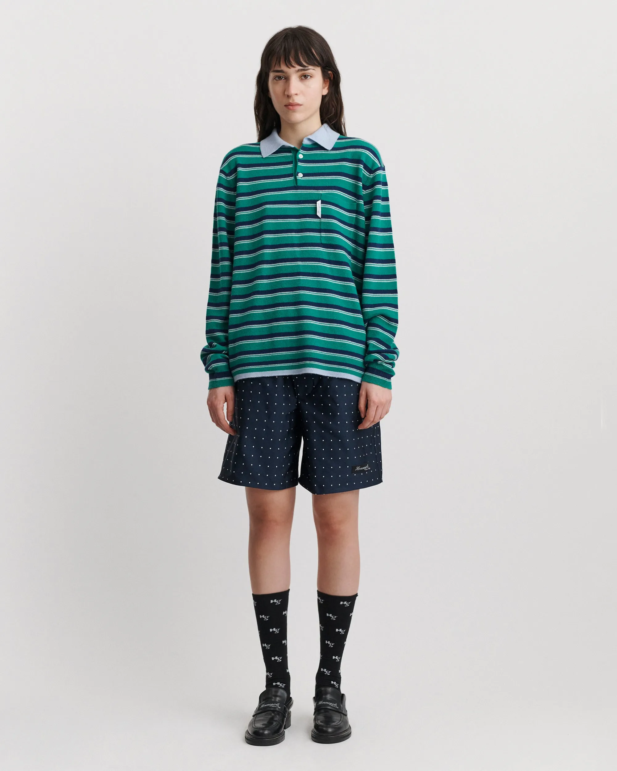 Cashmere Knit Polo in Green Stripe sold by Homme Girls product image thumbnail 3