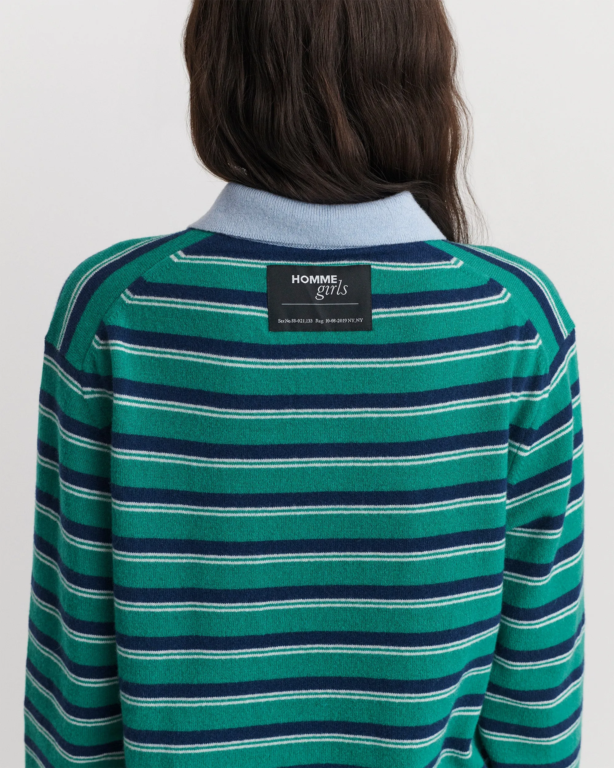 Cashmere Knit Polo in Green Stripe sold by Homme Girls product image thumbnail 4