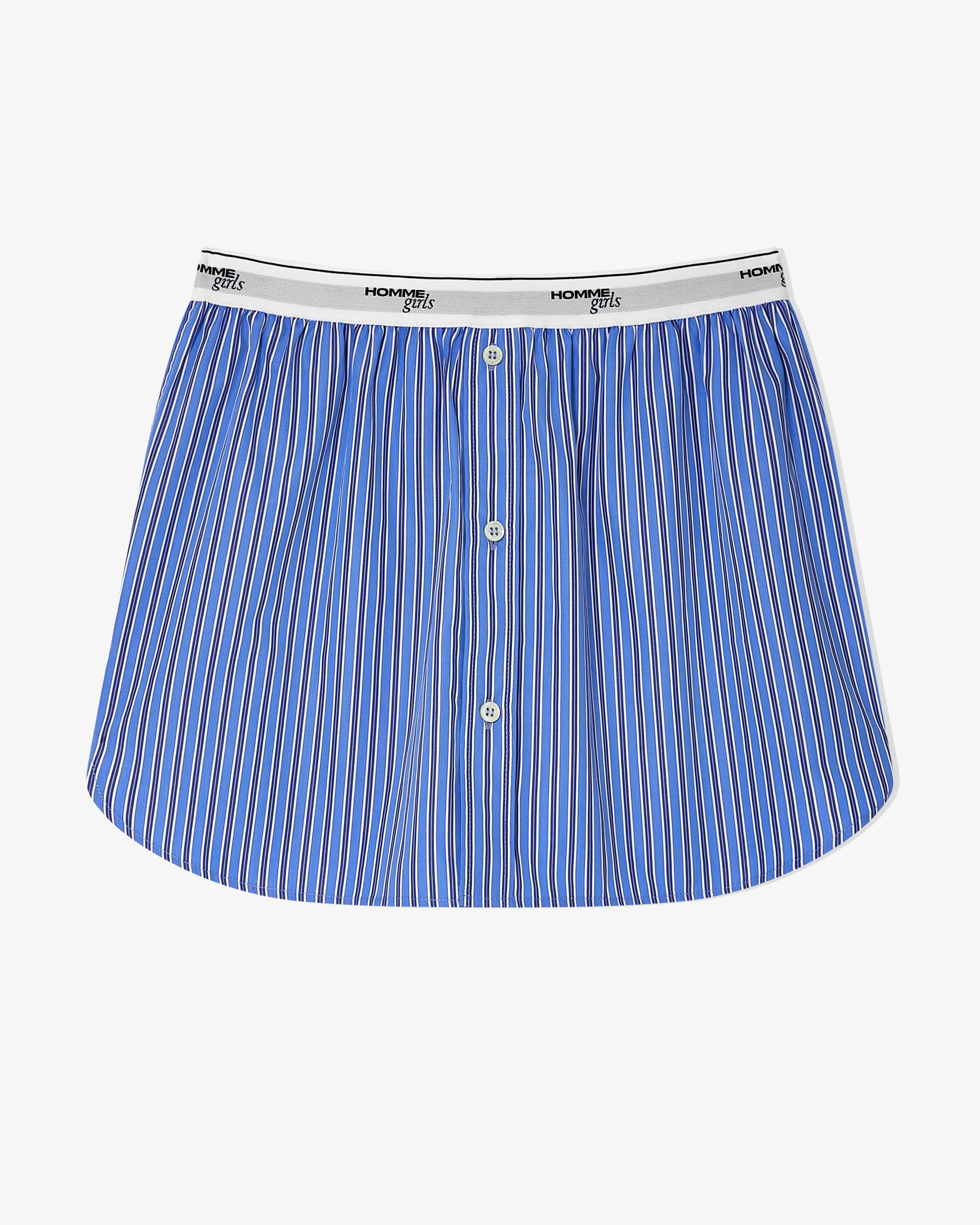 Shirt Tail Mini Skirt in Bold Blue Stripe sold by Homme Girls