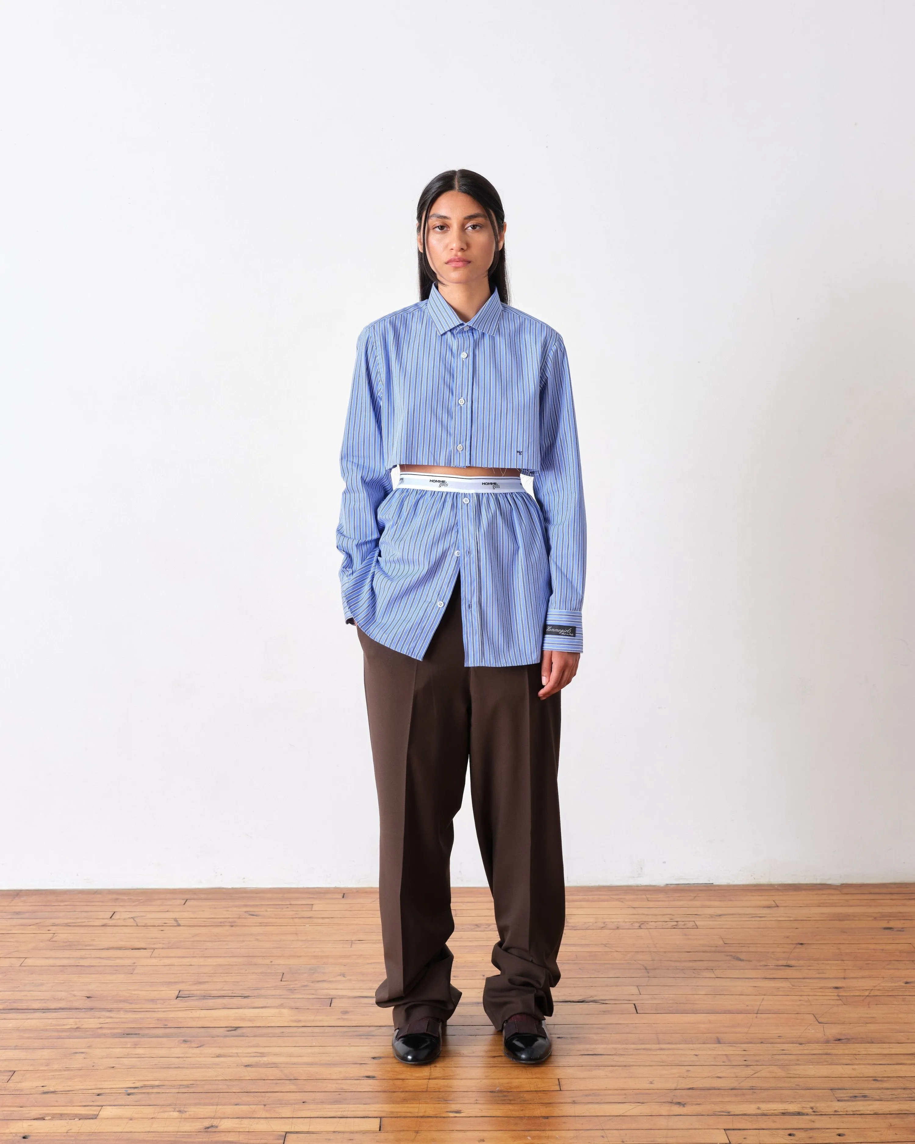 Shirt Tail Mini Skirt in Bold Blue Stripe sold by Homme Girls product image thumbnail 2