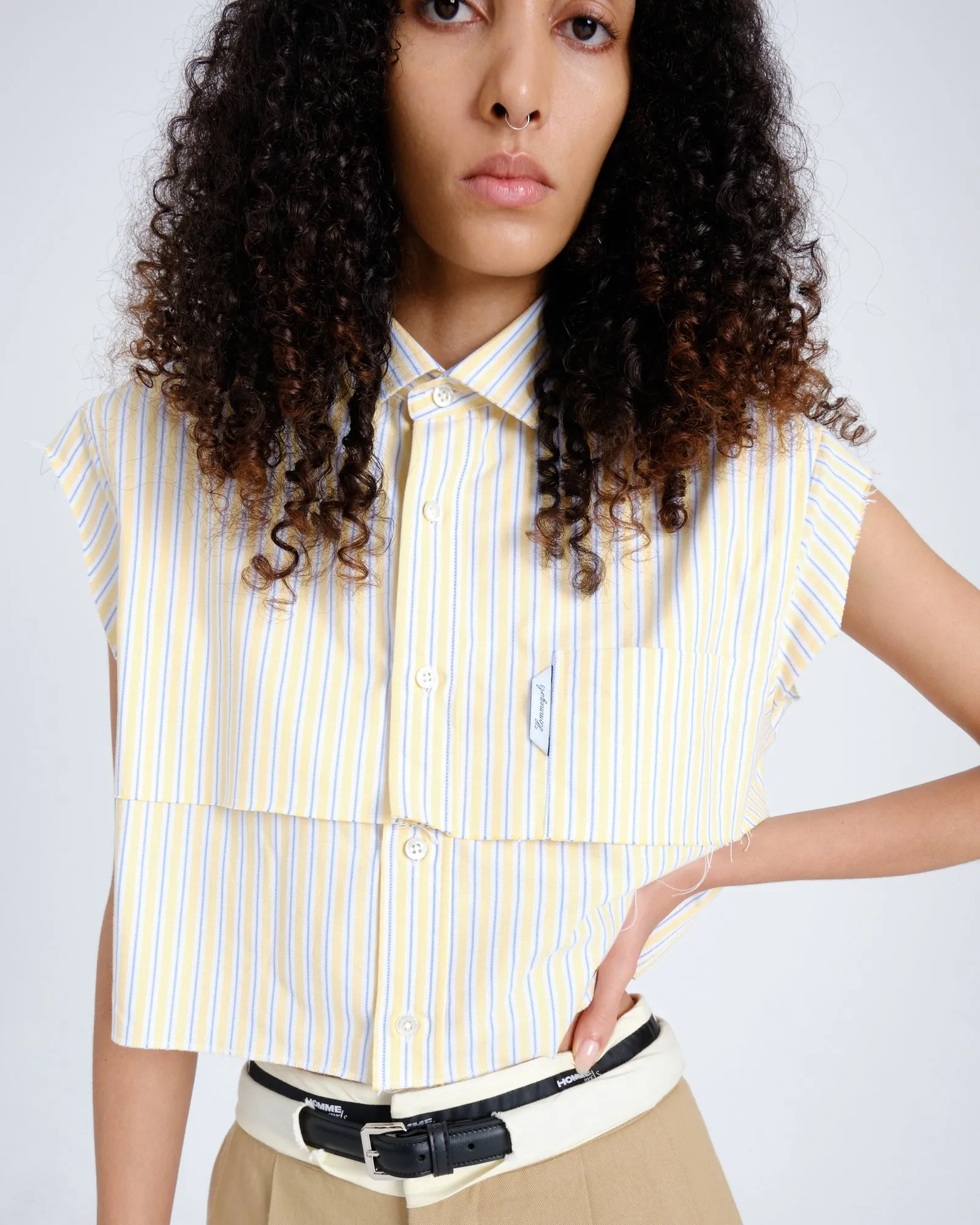 Sleeveless Layered Cropped Shirt in Yellow Oxford Stripe sold by Homme Girls product image thumbnail 2
