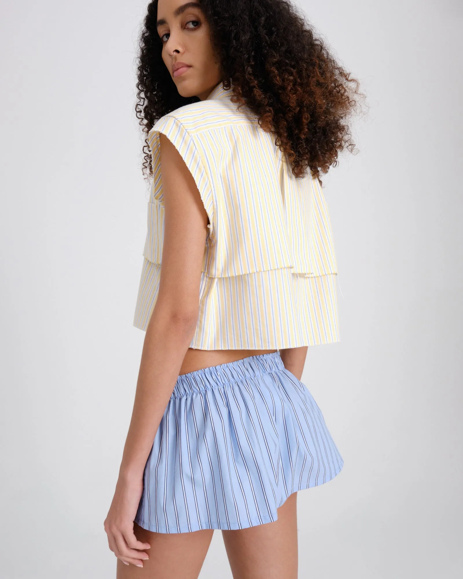 Sleeveless Layered Cropped Shirt in Yellow Oxford Stripe sold by Homme Girls product image thumbnail 4
