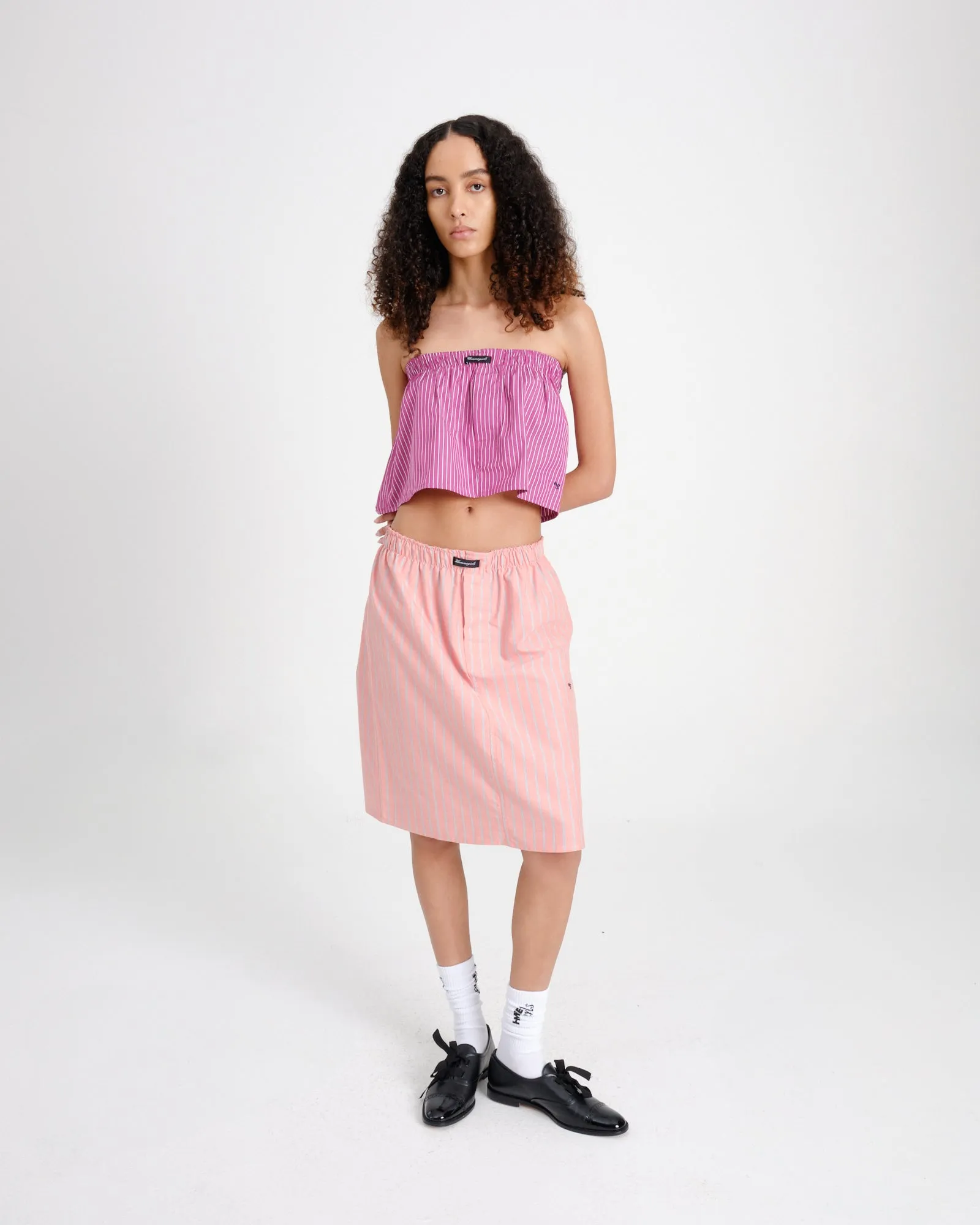 Boxer Pencil Skirt in Coral Stripe Oxford sold by Homme Girls product image thumbnail 2