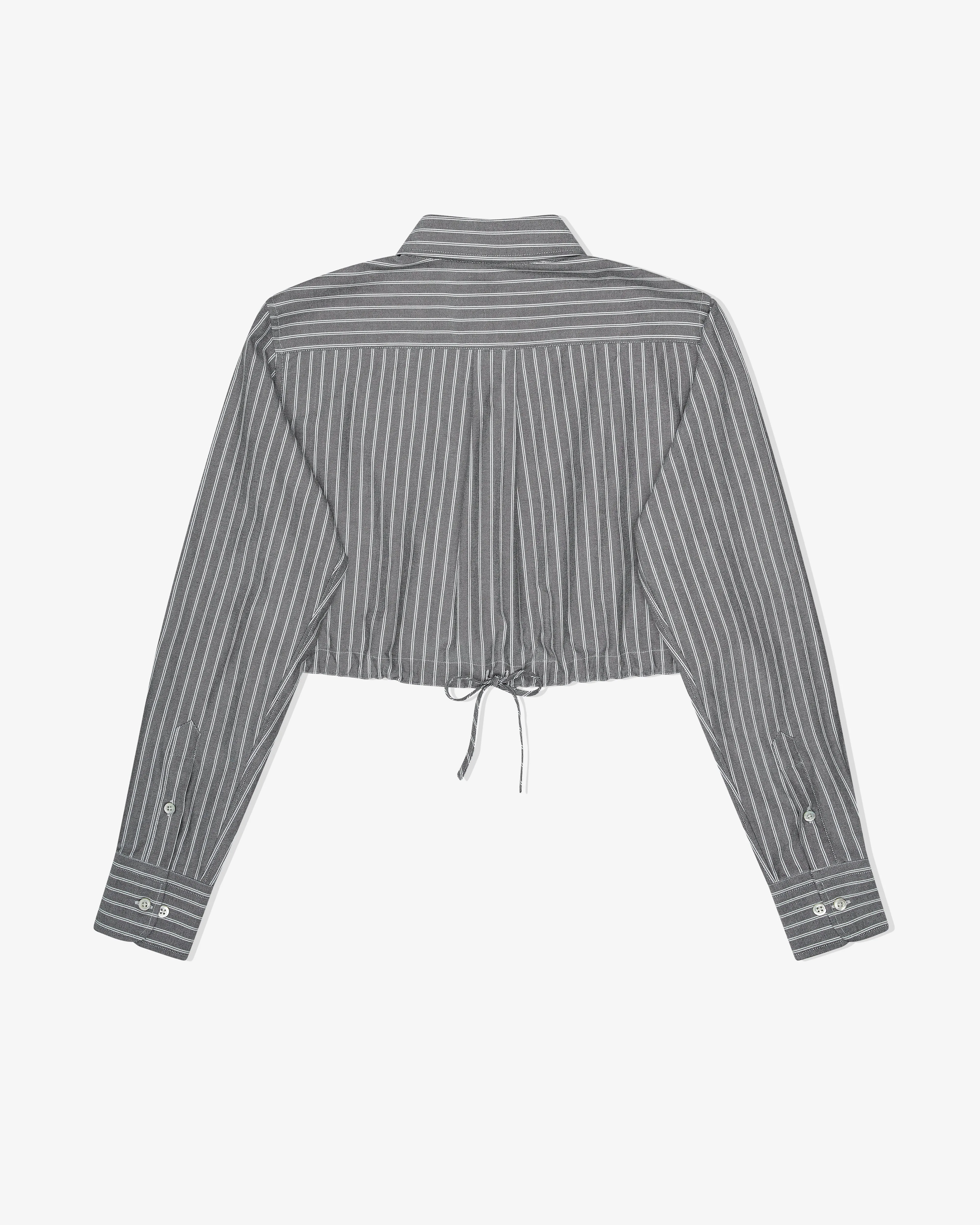 Cropped Tie Back Shirt in Oxford Grey Stripe sold by Homme Girls