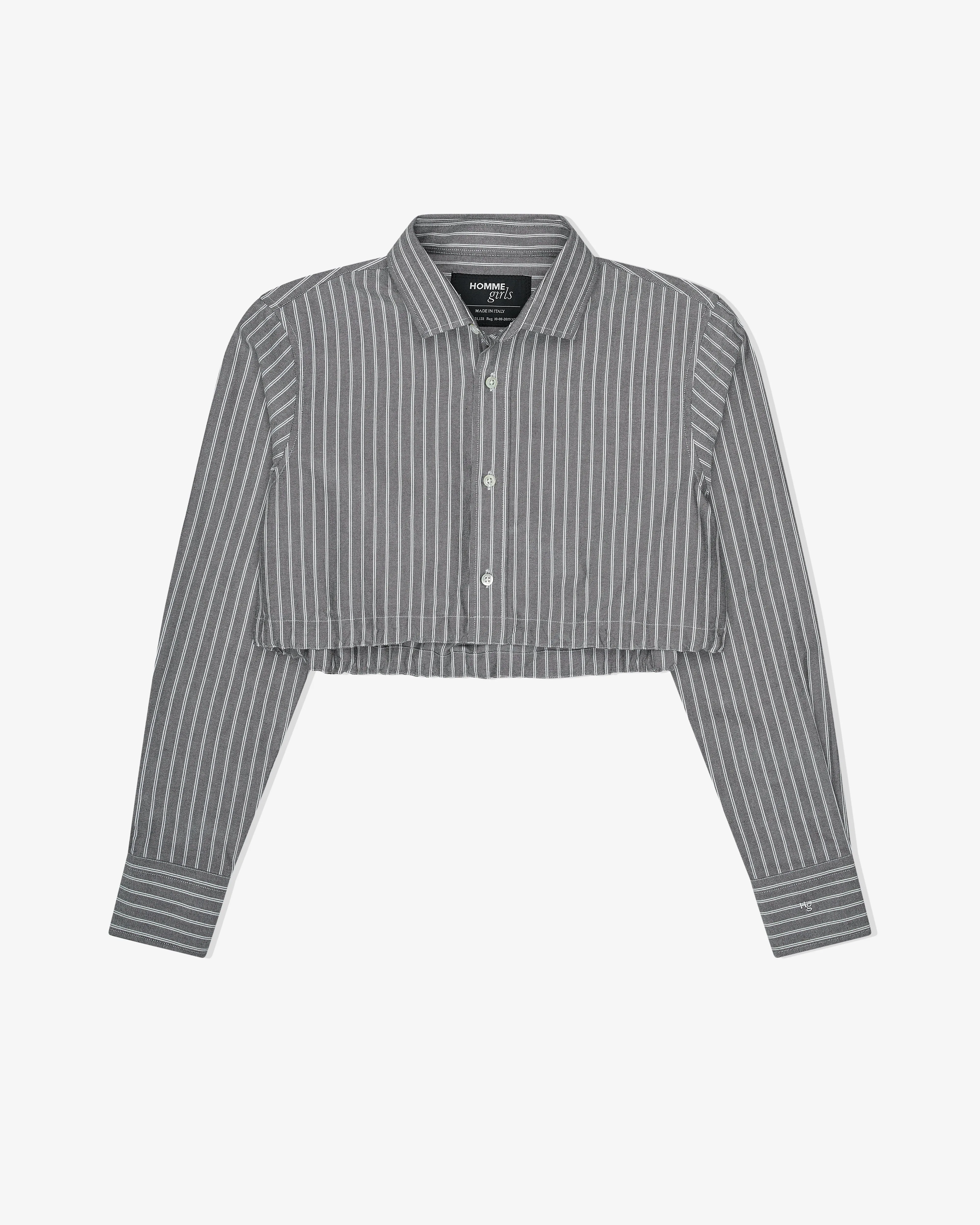 Cropped Tie Back Shirt in Oxford Grey Stripe sold by Homme Girls product image thumbnail 2