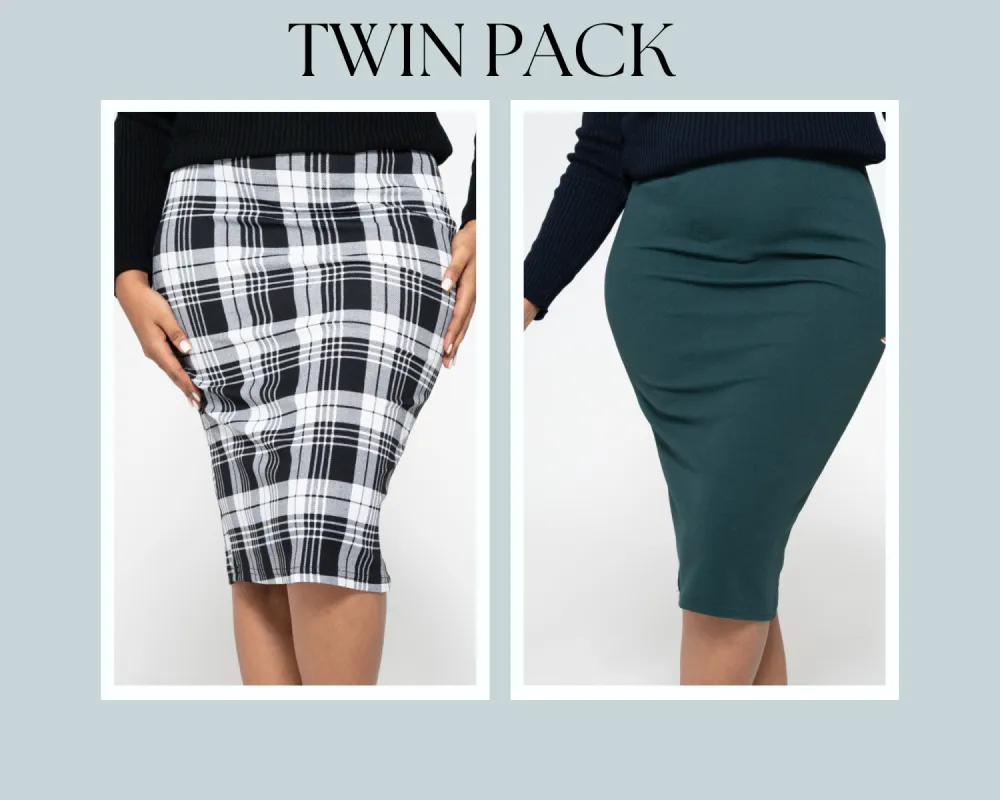 Plain & Check Print Twin Pack Green Skirt sold by Fashion World