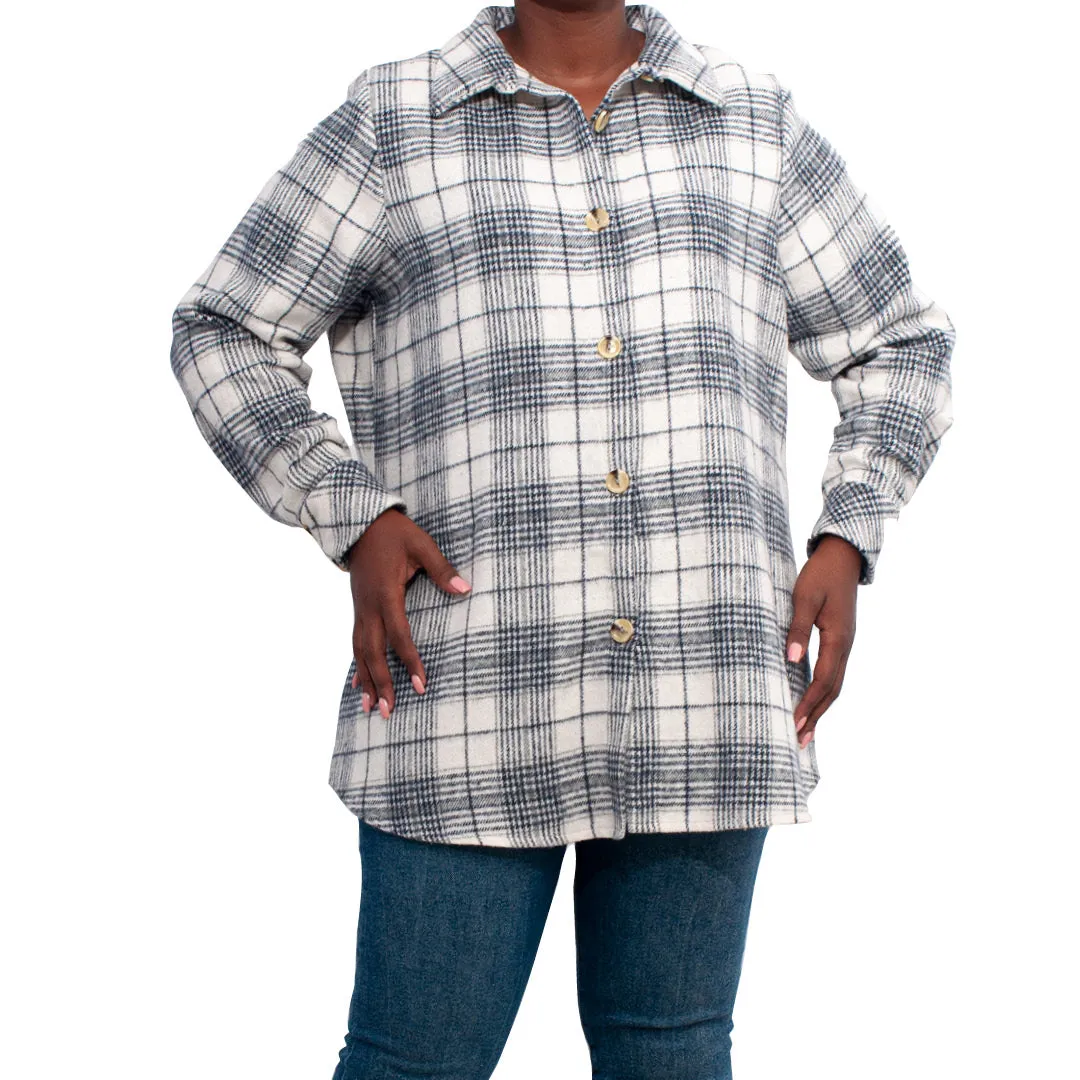 Ivory/Black Check Print Shacket Top sold by Fashion World