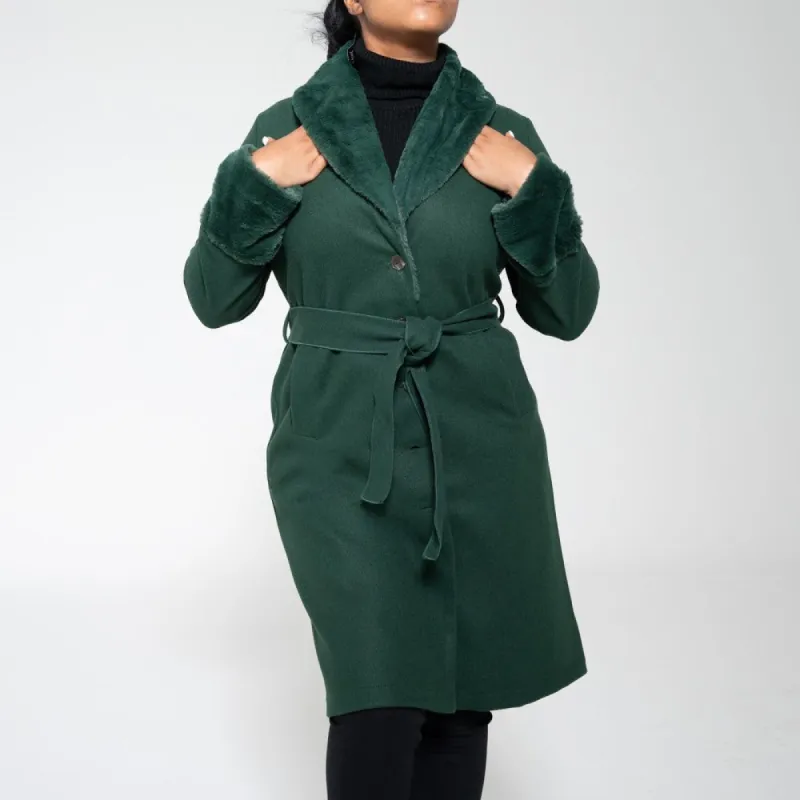 Bottle Green Fur Contrast Melton Jacket sold by Fashion World
