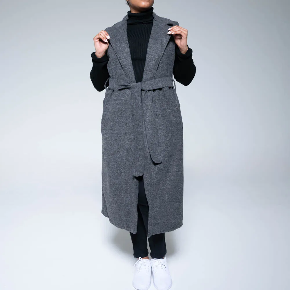 Charcoal Sleeveless Tie-Belt Melton Jacket sold by Fashion World product image thumbnail 4