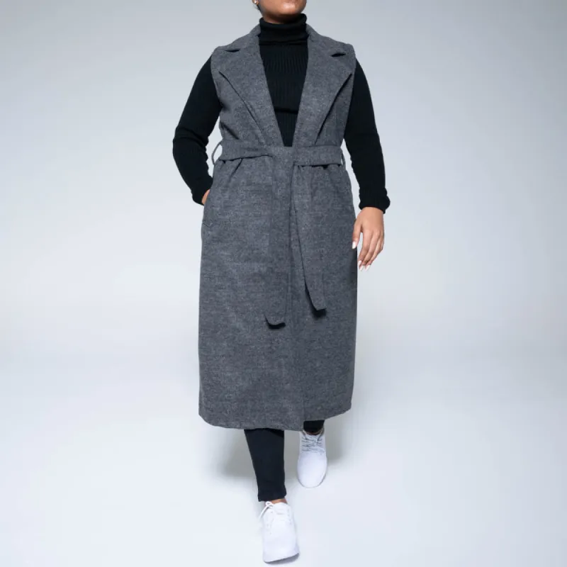 Charcoal Sleeveless Tie-Belt Melton Jacket sold by Fashion World