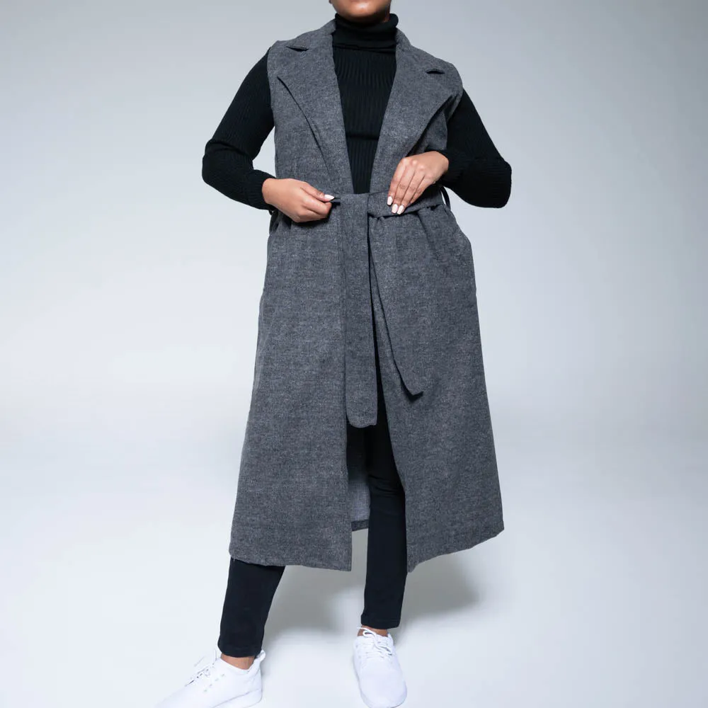 Charcoal Sleeveless Tie-Belt Melton Jacket sold by Fashion World product image thumbnail 2