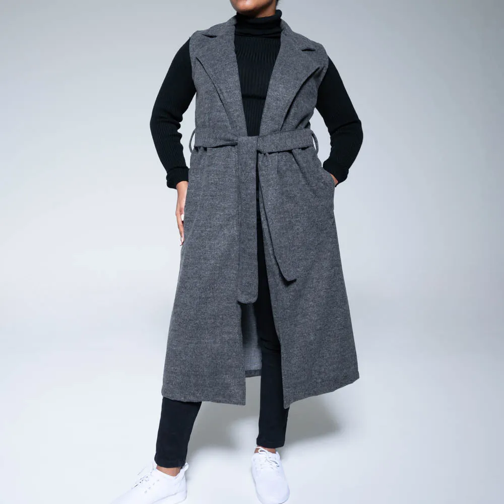 Charcoal Sleeveless Tie-Belt Melton Jacket sold by Fashion World product image thumbnail 3