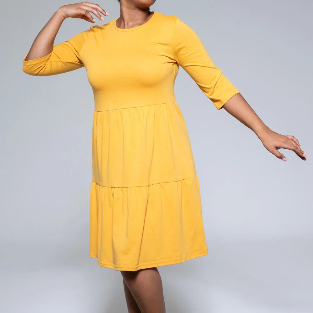 Mustard 3/4 Sleeve Trapeze Dress sold by Fashion World