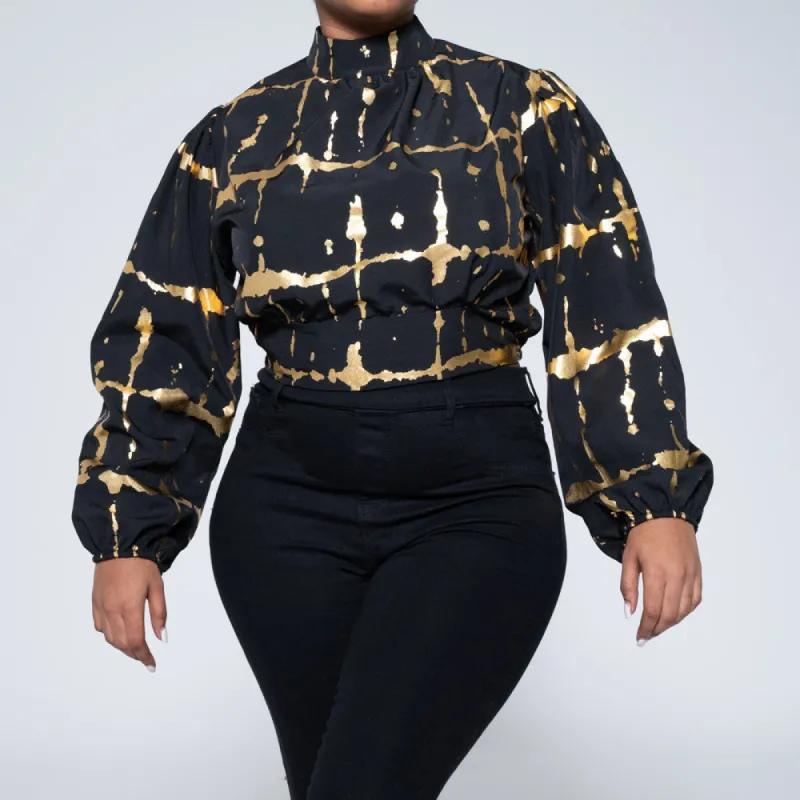 Black/Gold Foil Print Crop Top sold by Fashion World