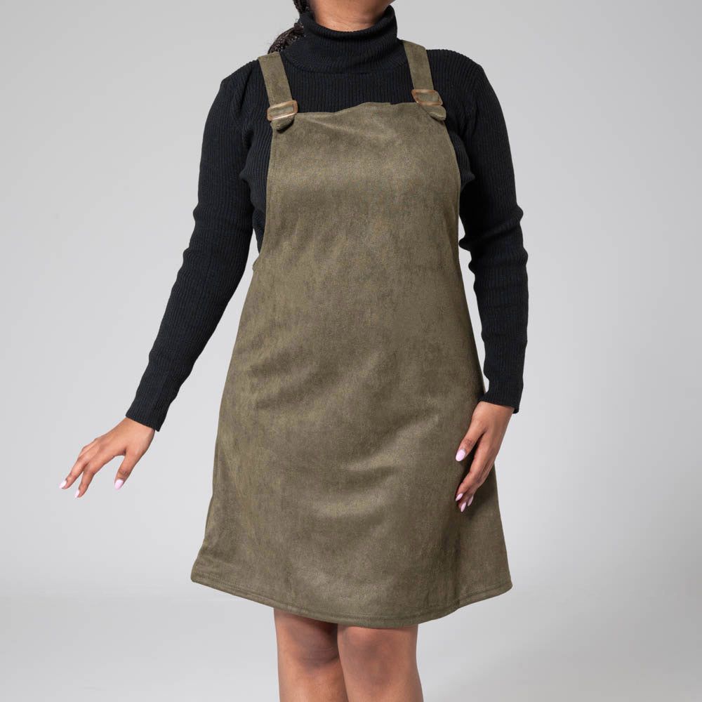 Olive Suede Scuba Pinafore Dress sold by Fashion World