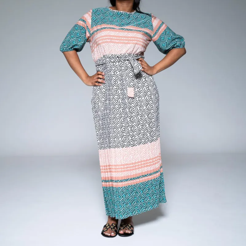 Short Sleeve Border Print Pleated Dress sold by Fashion World