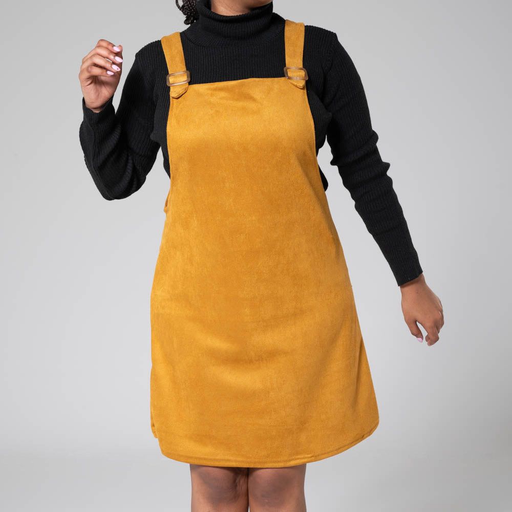 Mustard Suede Scuba Pinafore Dress sold by Fashion World
