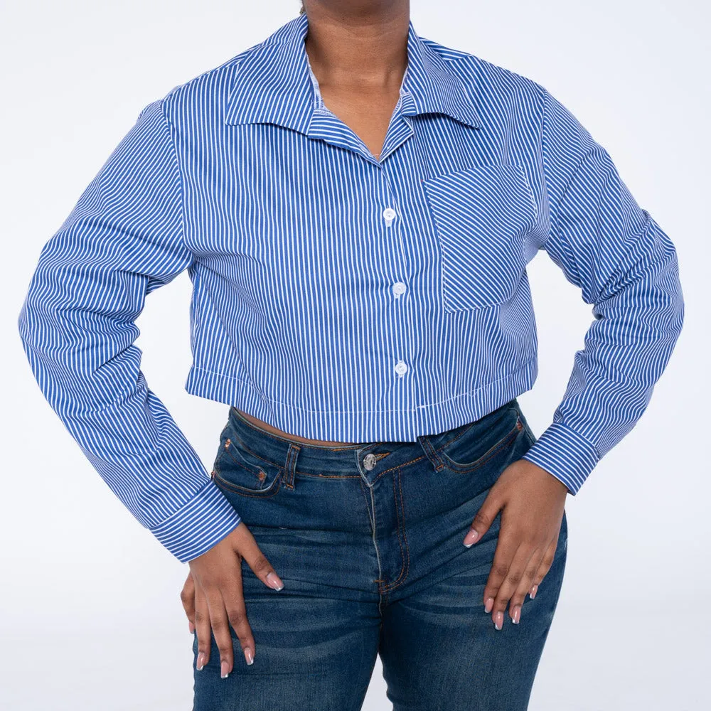 Striped Poplin Button Down Crop Top sold by Fashion World