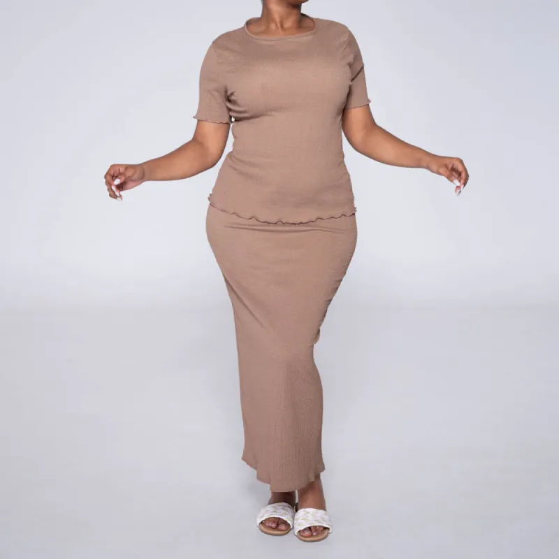 Mocca Crinkle Knit Skirt And Top Set sold by Fashion World