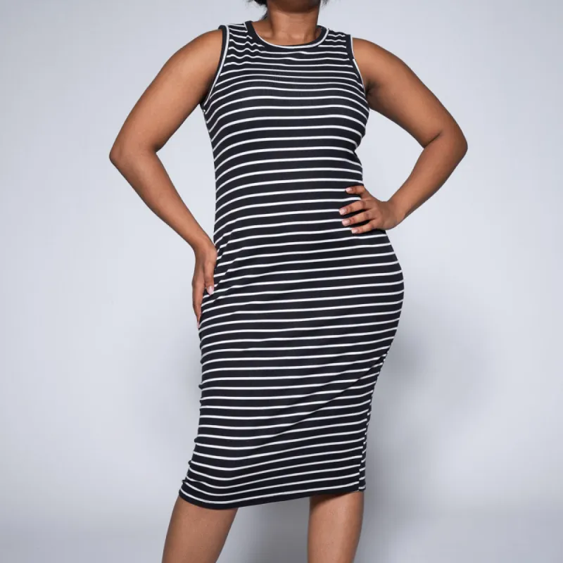 Black/White Sleeveless Striped Dress sold by Fashion World