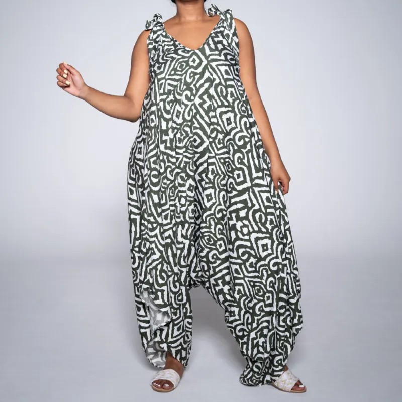 Olive/White Printed Jumpsuit sold by Fashion World