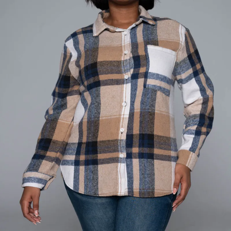 Camel Check Print Shacket sold by Fashion World