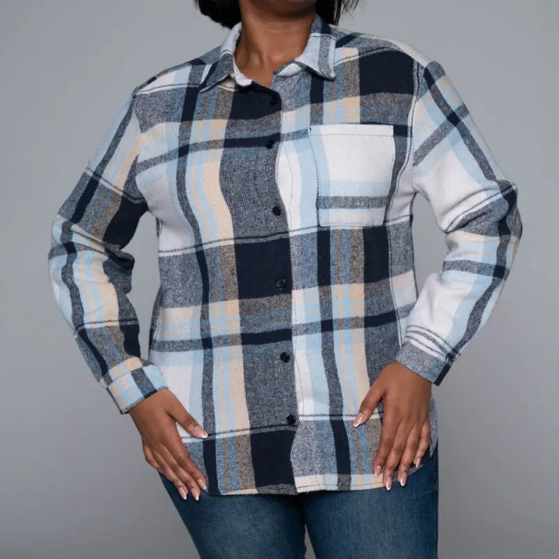 Navy Check Print Shacket sold by Fashion World