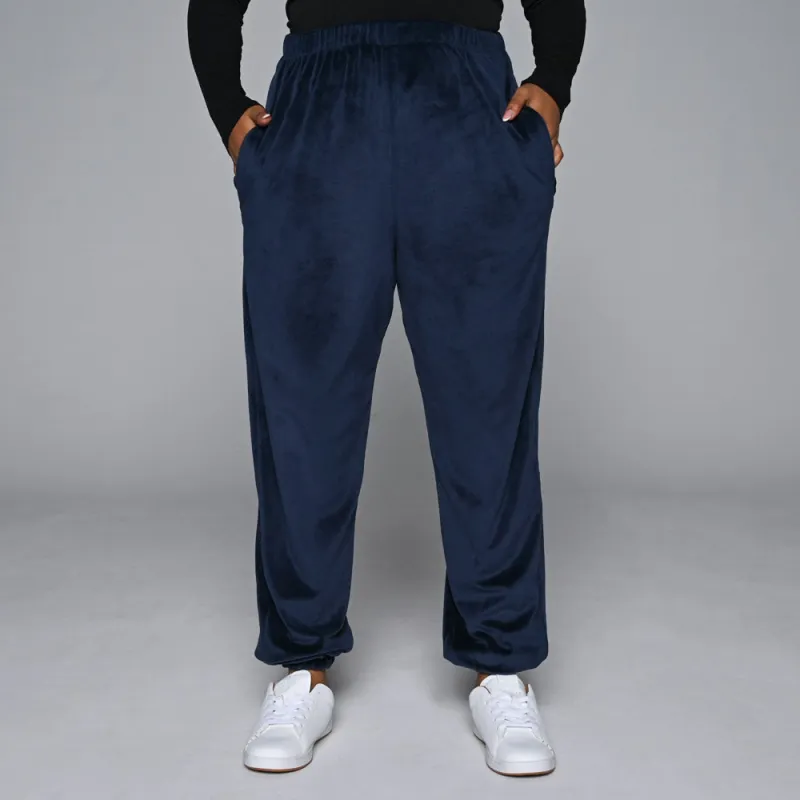Navy Plus Size Velour Hooded Track Pants sold by Fashion World