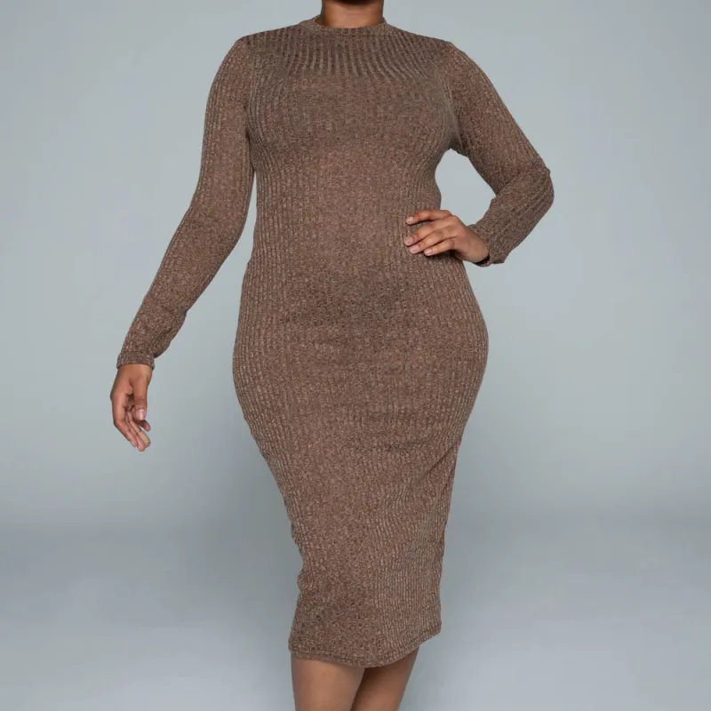 Brown Rib Turtle Neck Dress sold by Fashion World