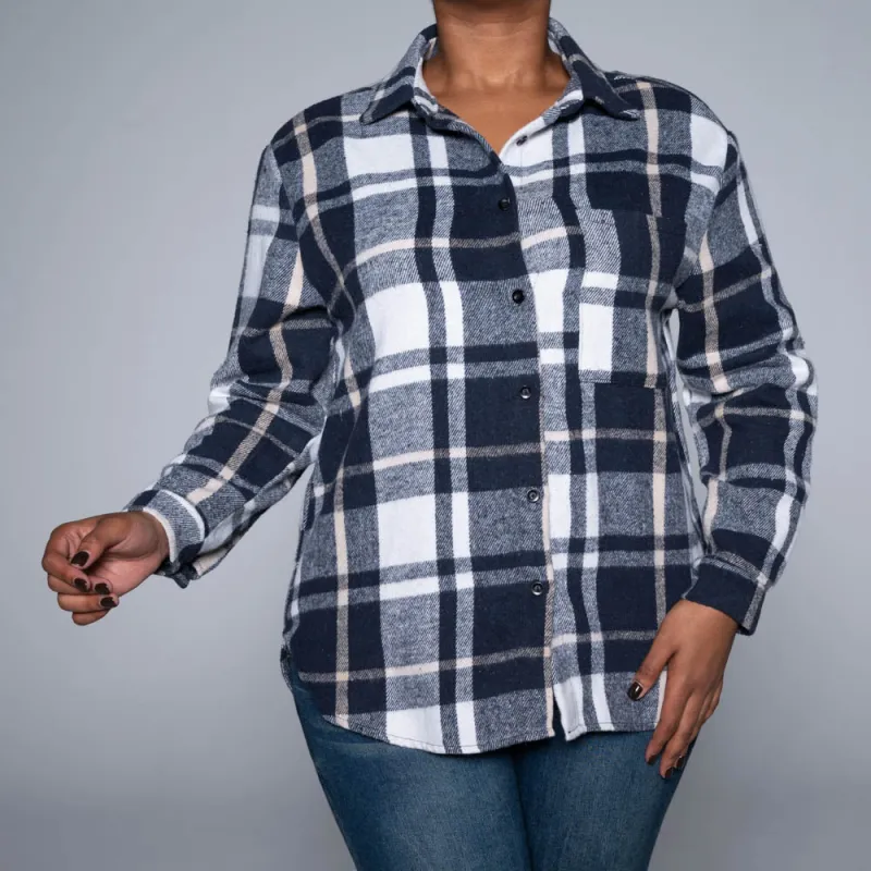 Navy Brush Cotton Check Print Shacket sold by Fashion World