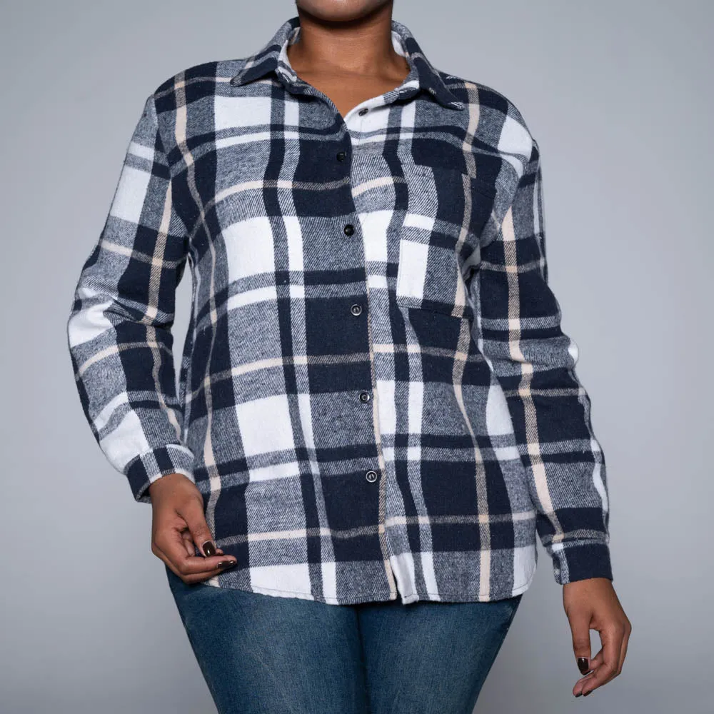 Navy Brush Cotton Check Print Shacket sold by Fashion World product image thumbnail 3