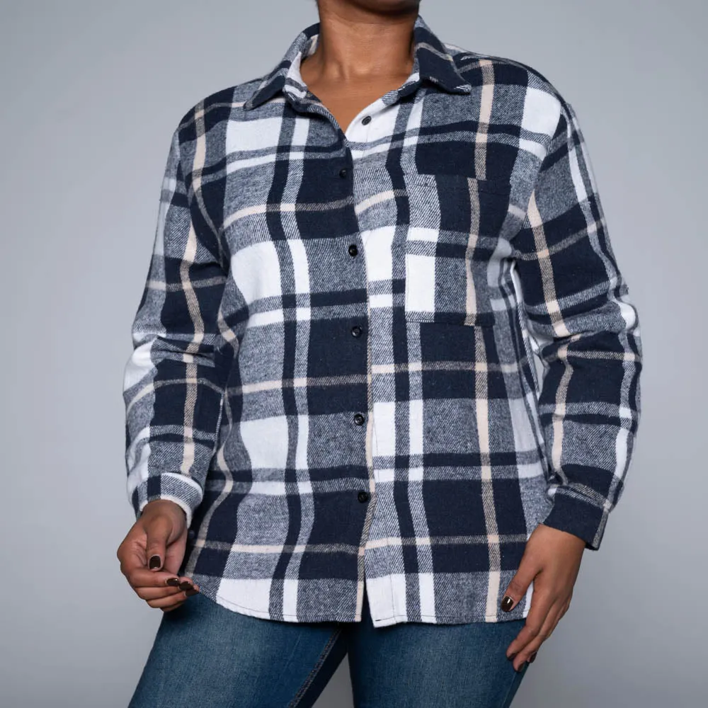 Navy Brush Cotton Check Print Shacket sold by Fashion World product image thumbnail 4