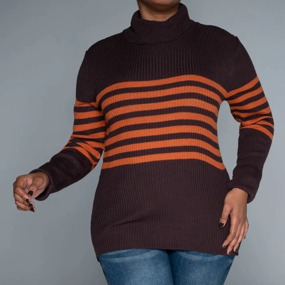 Chocolate Stripe Poloneck Jumper sold by Fashion World