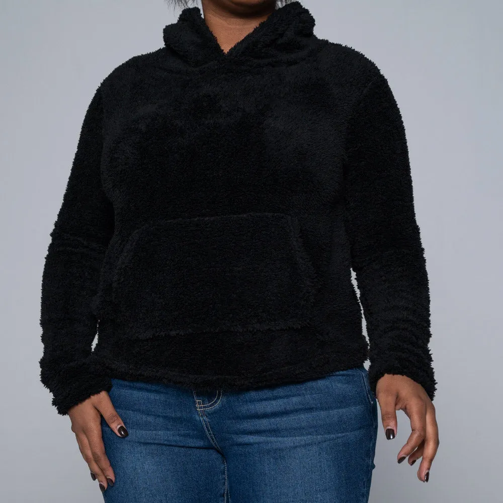 Black Fluffy Fleece Hoodie sold by Fashion World