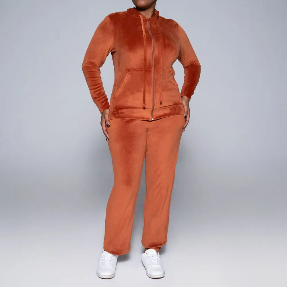 Plus Size Rust Velour Hooded Track Top sold by Fashion World