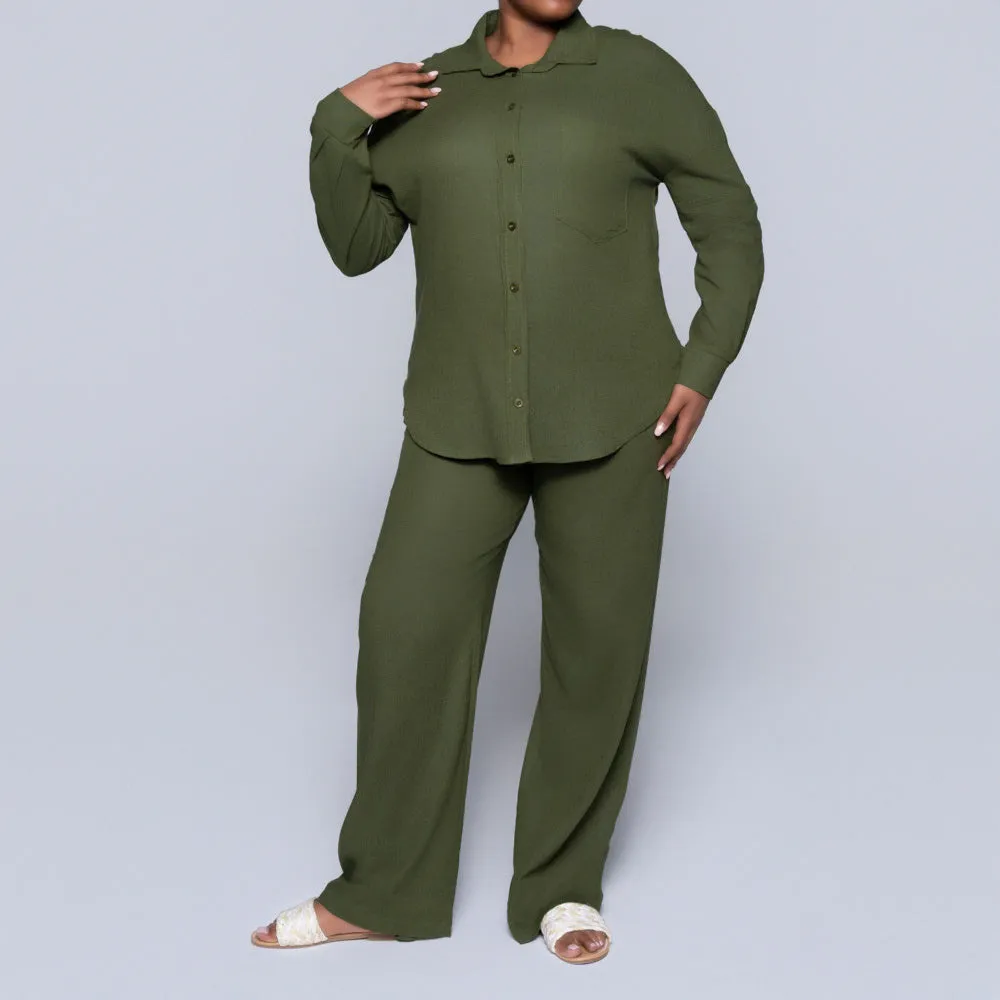 Long Sleeve Olive Button Down Top sold by Fashion World