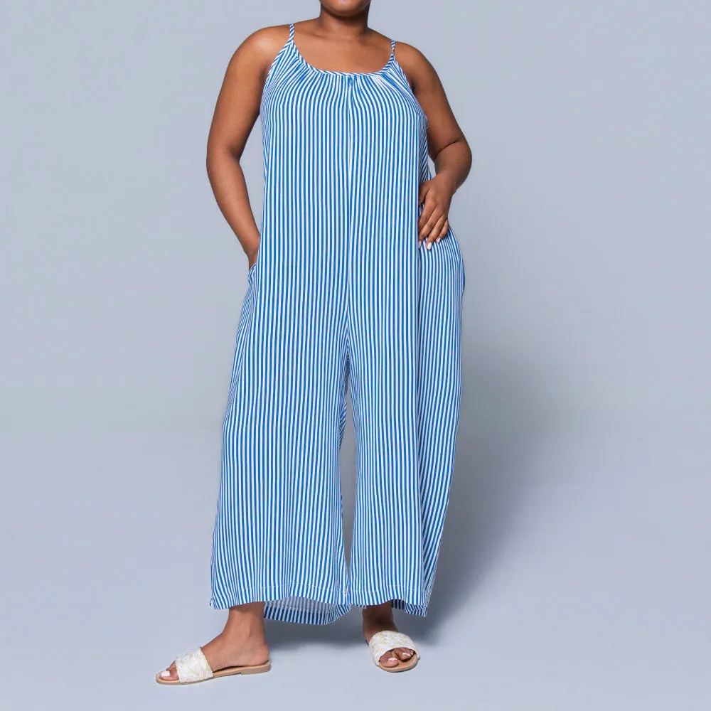 Blue Strappy Striped Viscose Jumpsuit sold by Fashion World