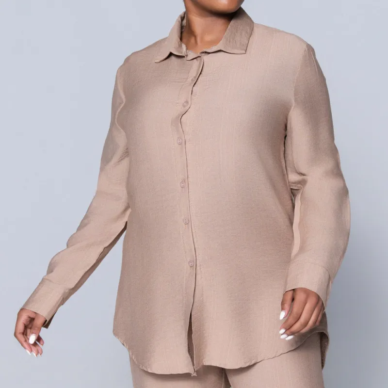 Long Sleeve Plain Button Down Mocca Top sold by Fashion World