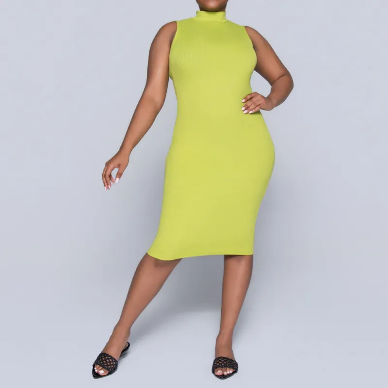 Chartreuse Sleeveless Rib Turtle Neck Dress sold by Fashion World