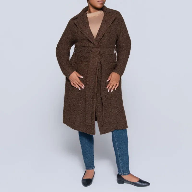Plus Size Long Sleeve Choc Boucle Melton Jacket made by Fashion World