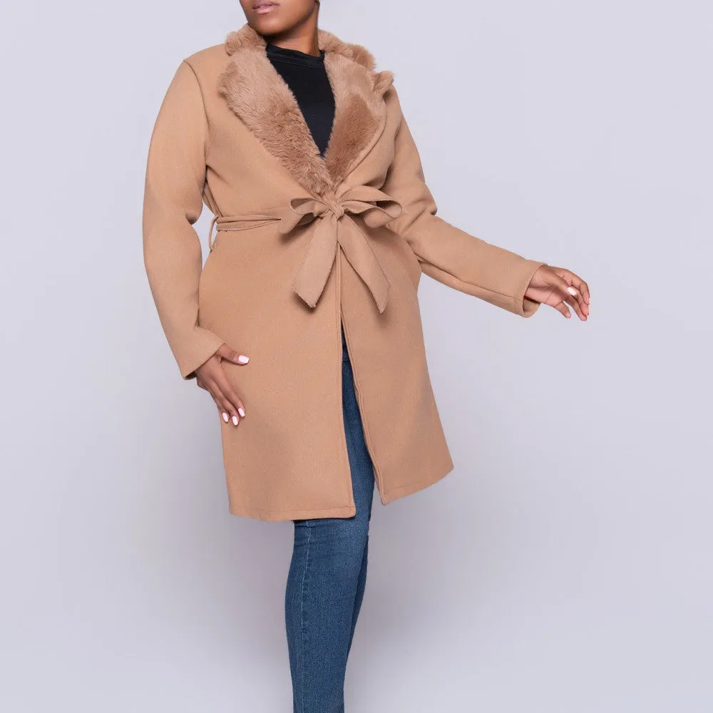 Camel Melton Fur Contrast Jacket sold by Fashion World