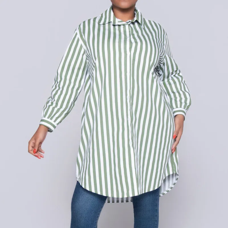 Long Sleeve Green/White Striped Tunic made by Fashion World