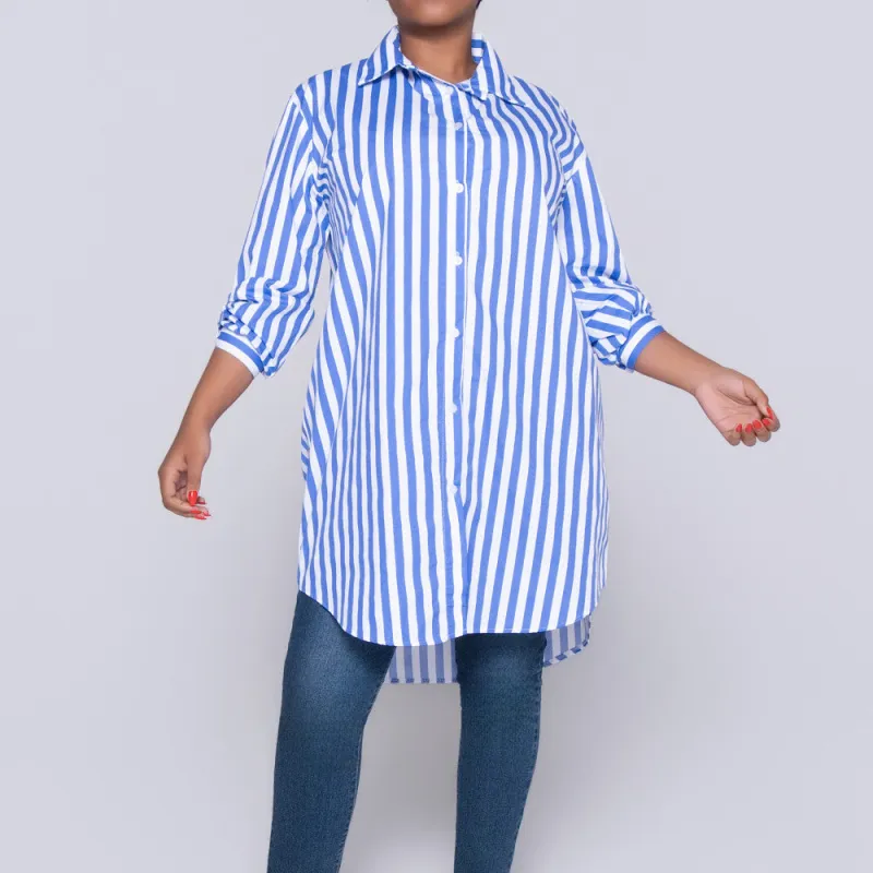 Long Sleeve Blue/White Striped Tunic made by Fashion World