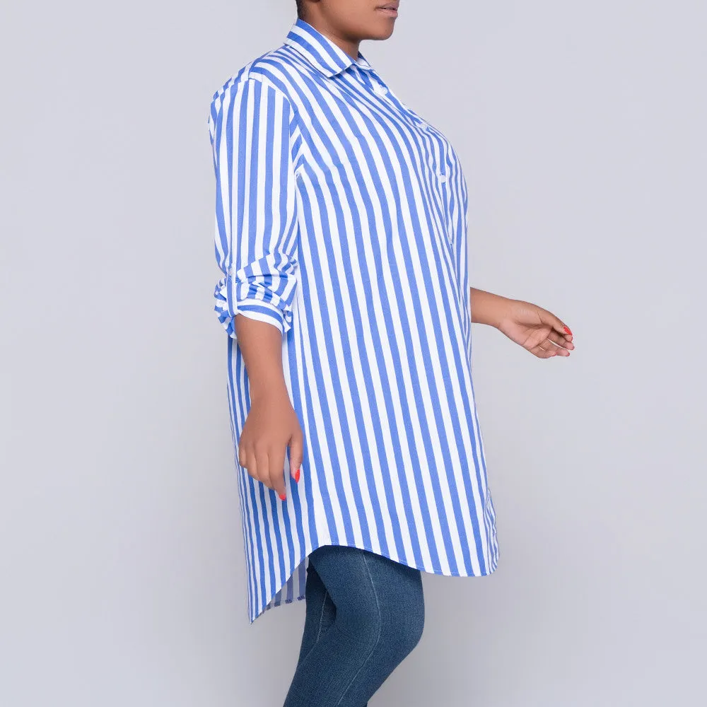 Long Sleeve Blue/White Striped Tunic sold by Fashion World product image thumbnail 5