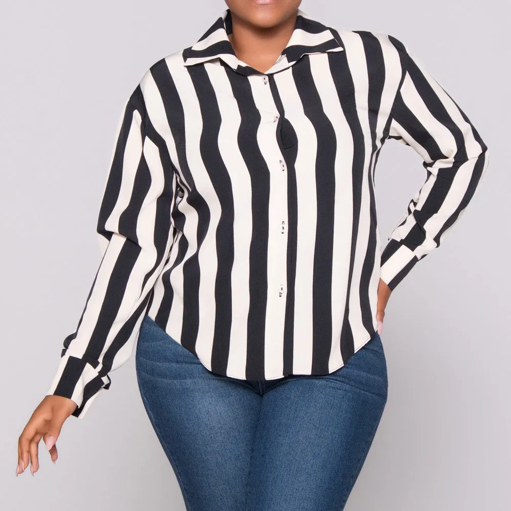 Black/Stone Striped Long Sleeve Polyspan Blouse sold by Fashion World product image thumbnail 3