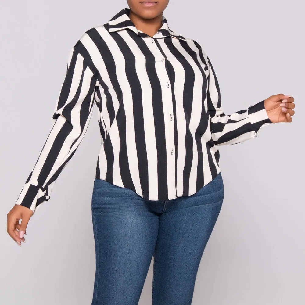 Black/Stone Striped Long Sleeve Polyspan Blouse sold by Fashion World product image thumbnail 4