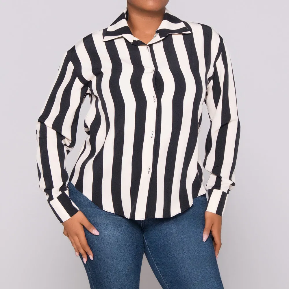 Black/Stone Striped Long Sleeve Polyspan Blouse sold by Fashion World product image thumbnail 5