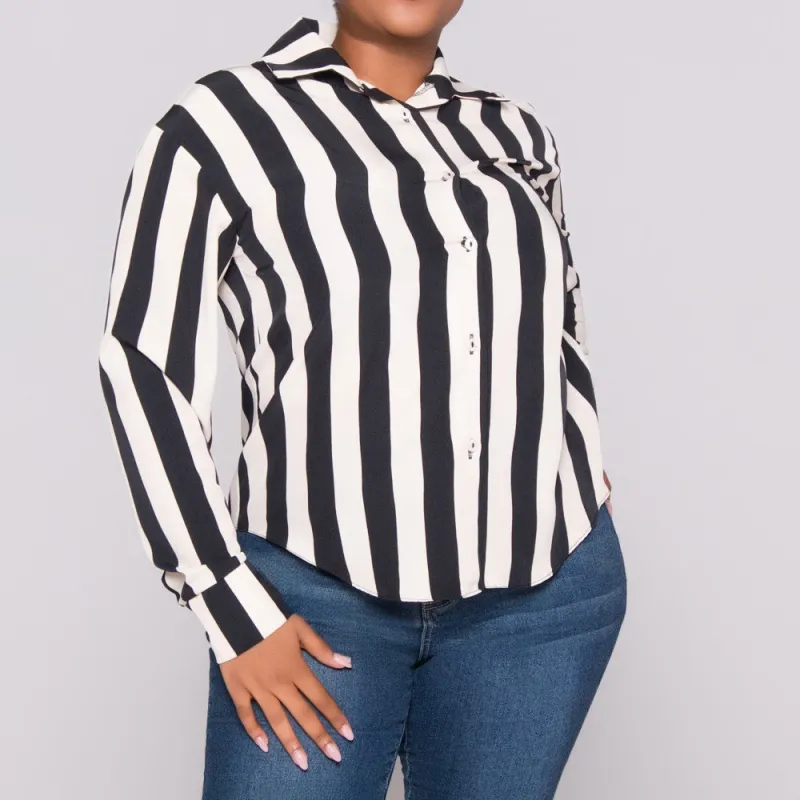 Black/Stone Striped Long Sleeve Polyspan Blouse made by Fashion World
