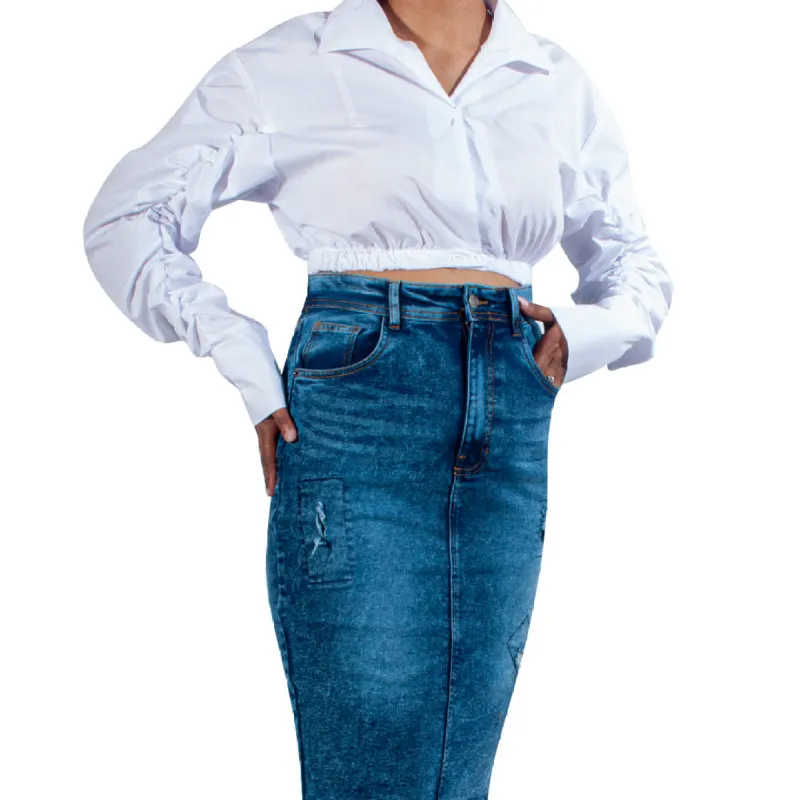 White Long Sleeve Poplin Crop Top sold by Fashion World