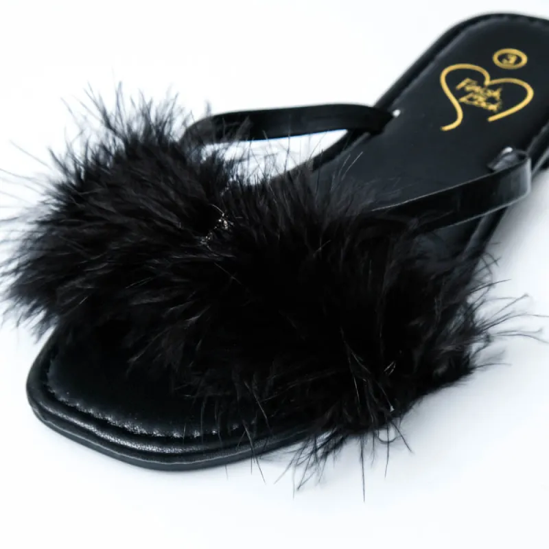 Black Fluffy Feather Sandals sold by Fashion World